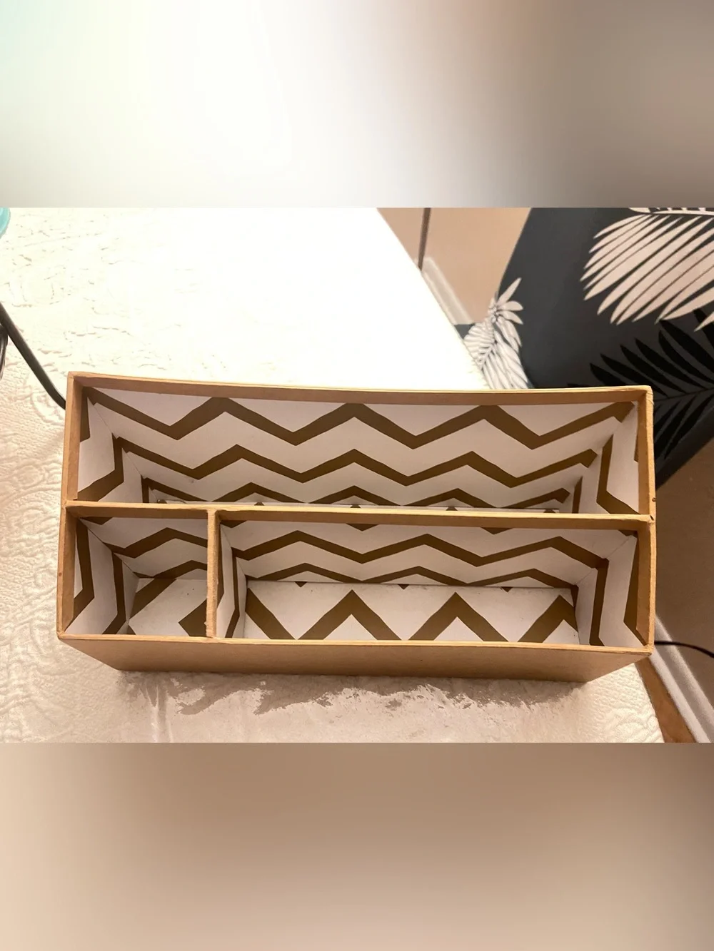 Two Zebra Print Fabric Drawer Organizer & Chevron Jewelry Organizer.